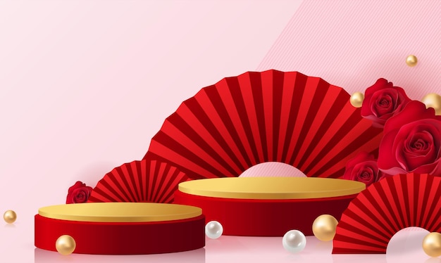 3d background products for valentineâs day podium in red rose background vector 3d with cylinder. podium stand to show cosmetic product with craft style on background. Premium Vector