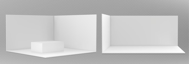 トレードショー用の3Dブーススタンド白い壁の床とテーブルが前と隅にある空白の部屋のモックアップ展示ベクトル現実的なセット用の空のプレゼンテーションストール