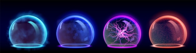 무료 벡터 에너지와 천둥 효과를 가진 3d 거품 방패 추상 보호 구 ⁇   ⁇  기술  ⁇ 터 보안 유리 사이버 면역 ai 육각형 그리드 연기 디자인 파란색과 분홍색의 마법 방어 게임 요소