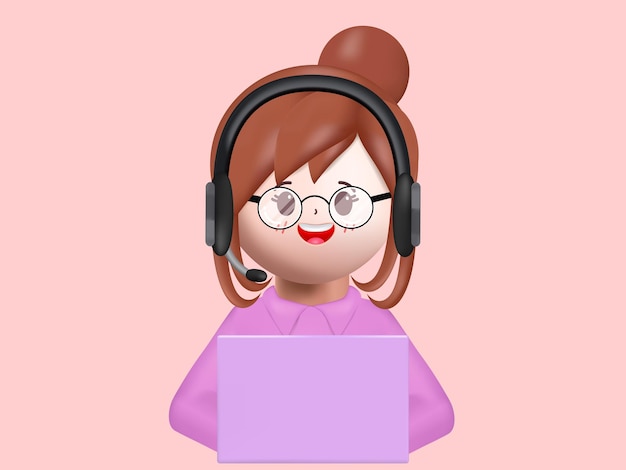 Бесплатное векторное изображение 3d-персонаж деловой женщины, обслуживание клиентов колл-центра с наушниками и ноутбуком