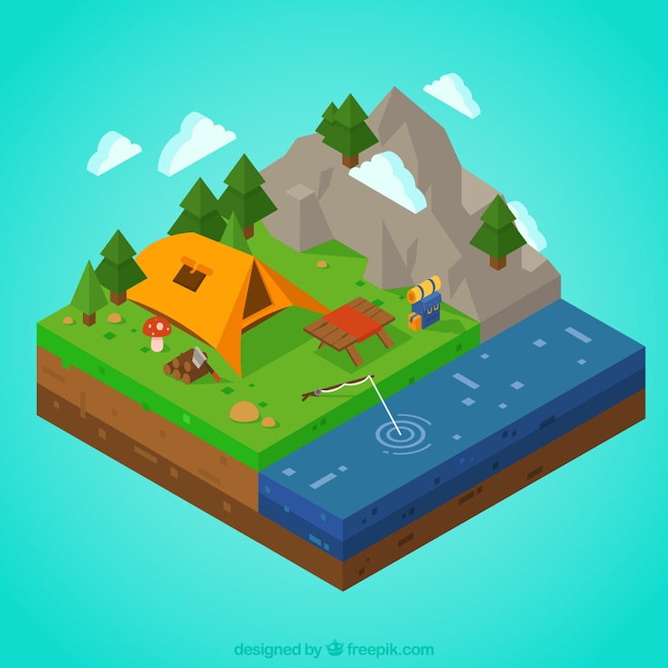 Free Vector 3d campsite with mountains and river
