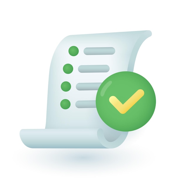 3d cartoon style checklist with green checkmark icon. to do list with completed tasks on white background flat vector illustration. success, productivity, management, achievement concept