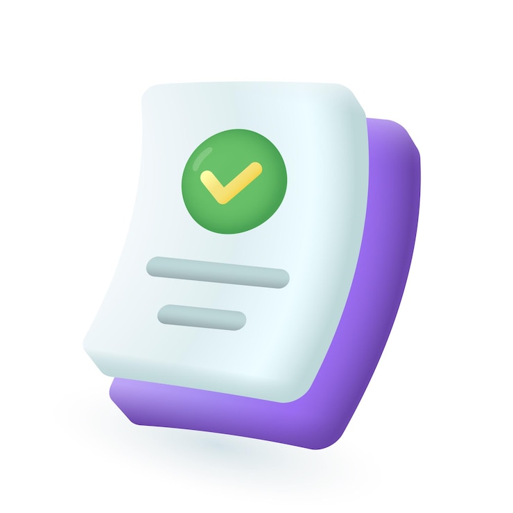 Free Vector 3d cartoon style document with green tick icon. approved contract, agreement or sheet of paper with checkmark flat vector illustration. information, success, paperwork concept