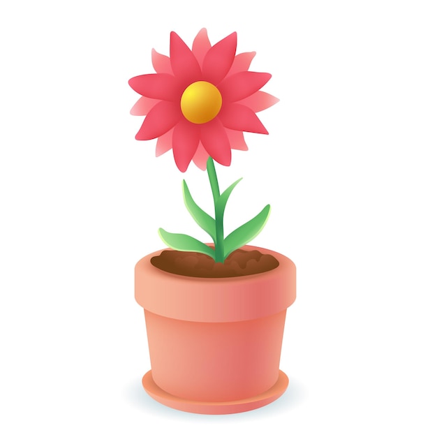 3d cartoon style flower in pot icon on white background. Realistic plant in pot with leaves flat vector illustration. Gardening, nature, foliage, growth, ecology concept
