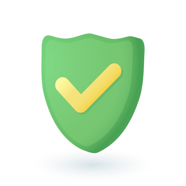 無料ベクター チェックマークのアイコンが付いた 3 d 漫画スタイルの緑の盾。目盛り付きの現実的なセキュリティ シンボル、個人データ フラット ベクトル図の保護。保護、安全、保証、プライバシーの概念