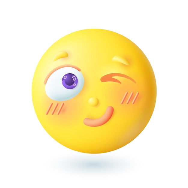 Free vector 3d cartoon style happy winking emoticon icon. cute friendly yellow face with blush smiling flat vector illustration. emotion, expression, satisfaction, happiness concept