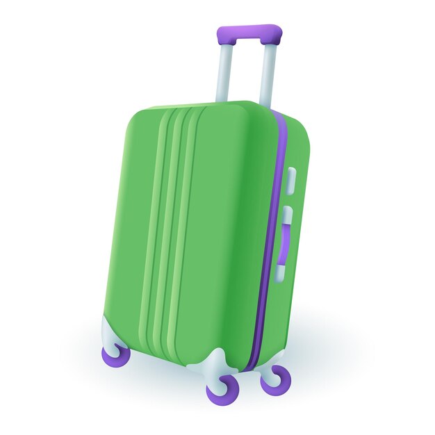 3d cartoon style luggage or travel bag icon on white background. Colorful suitcase or baggage flat vector illustration. Journey, summer vacation, trip, tour, voyage concept