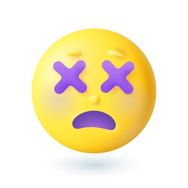 Emoticon triste in stile cartone animato 3d con l'icona degli occhi incrociati. confuso viso giallo vertiginoso o malato su sfondo bianco illustrazione vettoriale piatta. emozione, espressione, concetto di sentimento
