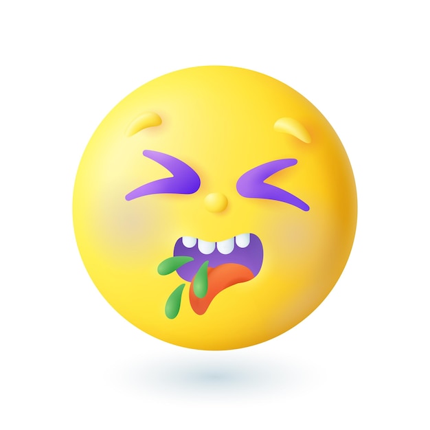 Free vector 3d cartoon style sick vomiting emoticon icon. exhausted yellow face showing disgust or illness flat vector illustration. emotion, expression, fever, nausea concept