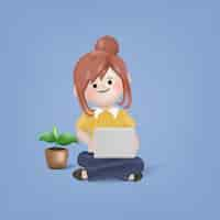 Free vector 3d cartoon young woman sitting and using a laptop character illustration vector design