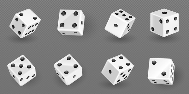 Free vector 3d casino game play cube roll isolated vector icon white realistic gambling poker lucky square rolling with six five and two dot number set random gamble gaming entertainment toy pieces with risk