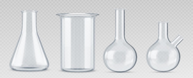 Free vector 3d chemistry laboratory glass science test flask realistic lab beaker equipment chemical glassware tube isolated vector set empty cylinder measuring container for scientific medical experiment