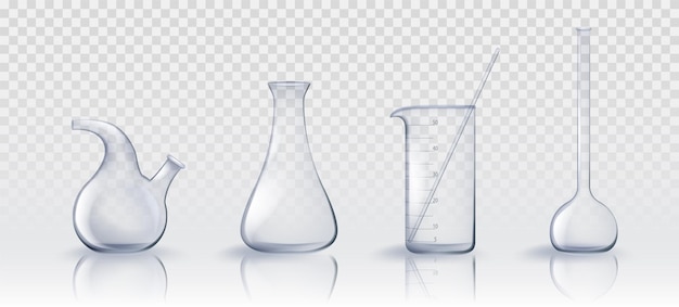 Free vector 3d chemistry laboratory test glass beaker realistic vector lab clear glassware science tube equipment set on transparent background empty measuring bottle and chemical container collection