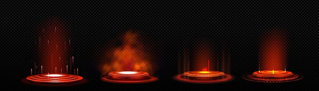 Free vector 3d circle podiums with neon light futuristic stages with red glow effect rays and smoke abstract round pedestals for tech and digital products presentation vector realistic set