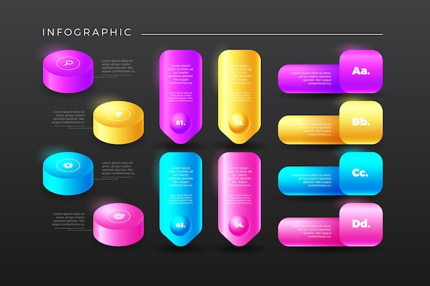 Infografica flossy colorato 3d con passaggi e caselle di testo