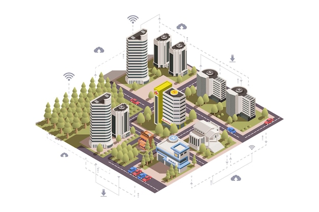 3d концепция современного умного города с небоскребами общественные места дороги парк автомобилей изометрическая иллюстрация