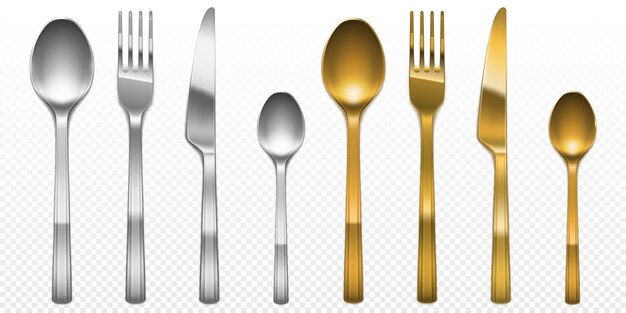 金色と銀色のフォーク、ナイフ、スプーンの3Dカトラリーセット。銀製品と金の道具、透明な背景で隔離の高級金属食器の上面図、リアルなイラストをケータリング