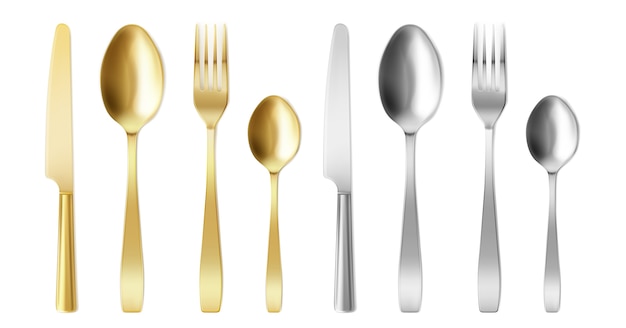 3d cutlery of golden and silver color fork, knife and spoon set.