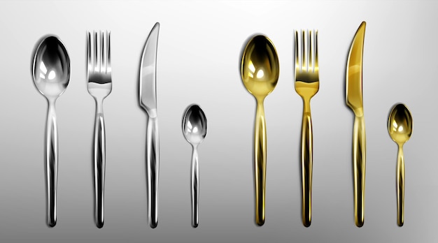 3d столовые приборы золотого и серебряного цвета вилка, нож, ложка и чайная ложка.