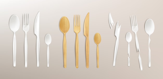 3d cutlery wood and broken plastic, disposable fork, spoon and knife. Isolated bamboo biodegradable table setting made of natural eco recycle reusable material, Realistic illustration, set