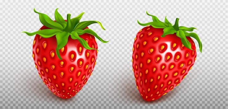 Free Vector 3d fly realistic isolated strawberry fruit icon set on transparent background red fresh berry element summer graphic seed and stem on whole delicious product clipart organic health collection