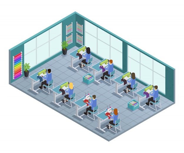 Free vector 3d garment factory isometric composition with workshop on tailoring in the factory vector illustrati