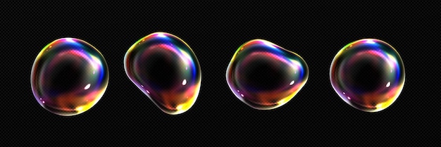 3d 유리 또는 비누 투명 무지개 구체 투명 배경에 격리된 무지개 빛깔의 거품 거품 무지개 반사 벡터 현실적인 세트가 있는 추상 광택 유체 공