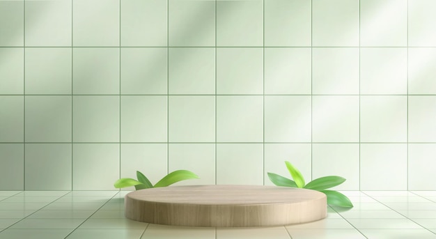 3d green kitchen tile wall with wood podium scene vector background product display pedestal in empty studio with light from window eco natural showcase mockup presentation with plant leaves