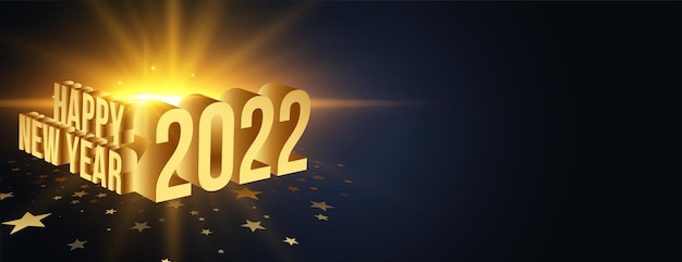 免费矢量3d 2022年新年快乐金色文字效果发光光效果横幅