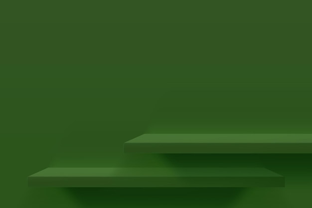 Free vector 3d  illustration of green empty shelfs on green wall. minimal background design for product presentation.