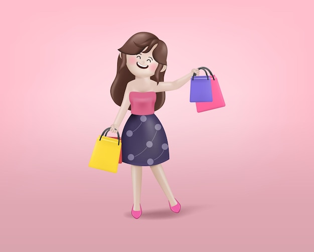 3d illustration vector cute happy woman shopping with many shopping bags