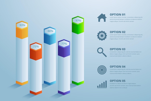 Modello di progettazione infografica 3d e icone di marketing