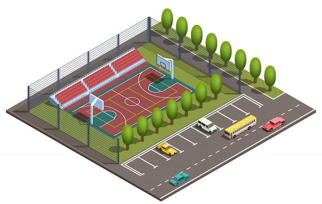 3d isometric basketball field, car parking