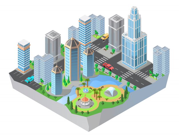 3d isometric city, downtown with modern residential buildings, skyscrapers, roads, park