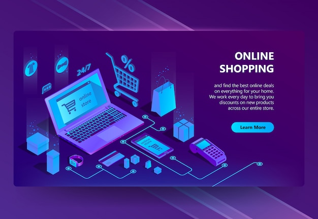 Sito di e-commerce isometrico 3d, negozio online