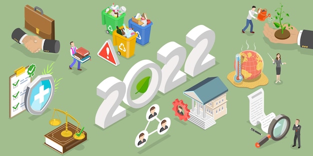 3d isometric flat vector conceptual illustration of new year and esg trends, environmental, social and corporate governance Premium Vector