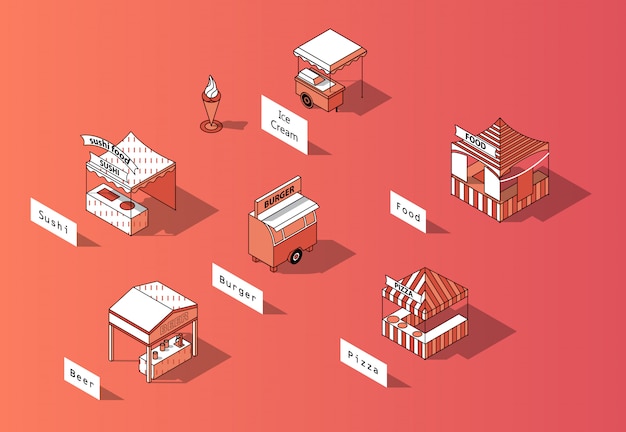 Free vector 3d isometric food courts, urban marketplace