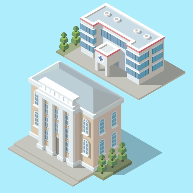 Free vector 3d isometric hospital, ambulance building with green trees. cartoon clinic exterior