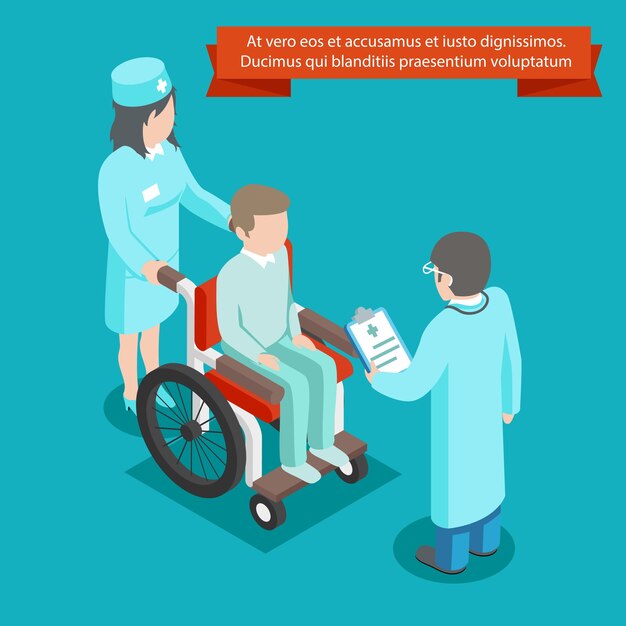 3D изометрические пациента на инвалидной коляске с медицинским персоналом. Медицина и здоровье, здравоохранение