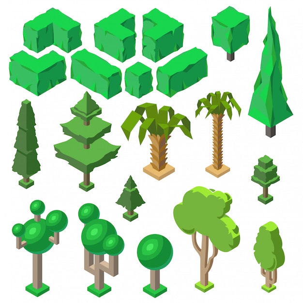 Бесплатное векторное изображение 3d изометрические растения, деревья, зеленые кусты, пальмы. природные объекты, окружающая среда. экология, натура