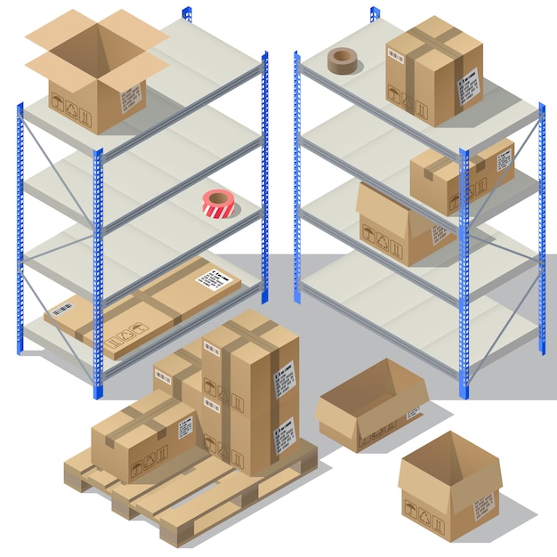 3d isometric storage of post service. Set of cardboard packaging, mail with adhesive tapes