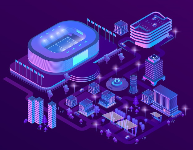 3d isometric ultraviolet megapolis with stadium