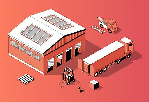3d isometric warehouse with truck, forklift