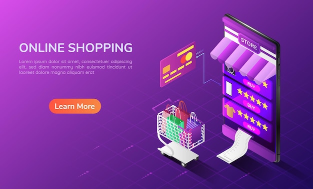 3d isometric web banner online shopping system in the smartphone with cart and credit card. online shopping concept landing page.