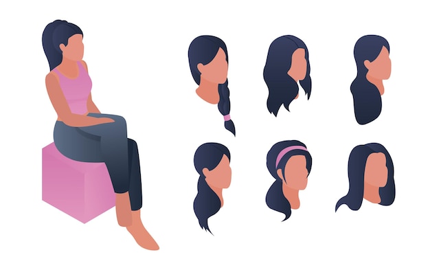 ファッショナブル​な​ヘアスタイル​の​セット​で​座っている​3​d​アイソメトリック​女性​キャラクター​アニメーション​の​女性​の​頭