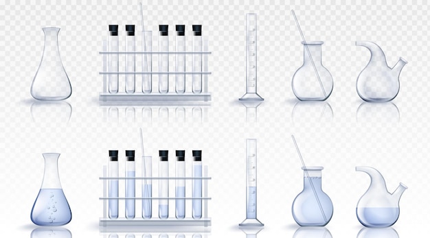 Бесплатное векторное изображение 3d лабораторное испытание стеклянный стакан оборудование вектор научная лаборатория реалистичная стеклянная посуда и трубка изолированный набор химических колб пустая и заполненная научная мерная цилиндрическая бутылка с жидкой медицинской водой
