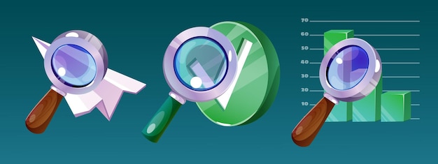 3d magnifying glass icons set