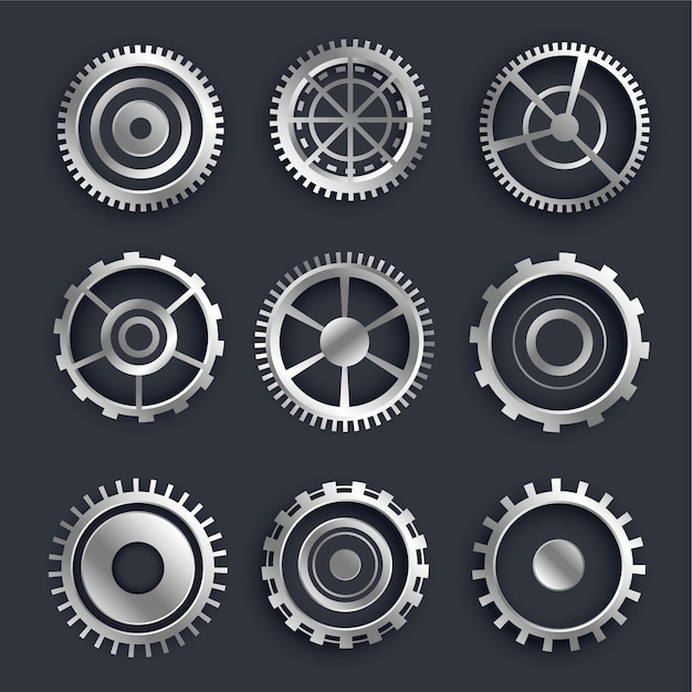 Free vector 3d metallic cog and gears set of nine design