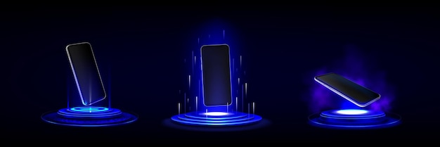 Mockup di telefono cellulare 3d sul podio sfondo futuristico con supporto tecnologico con luce al neon e ologramma di smartphone piattaforme con raggi blu e dispositivi set vettoriale realistico