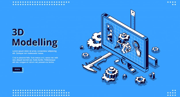 3d modelling isometric landing page. cad engineer model project on computer desktop screen with construction supplies around. software program for pc, technical blueprint, line art web banner